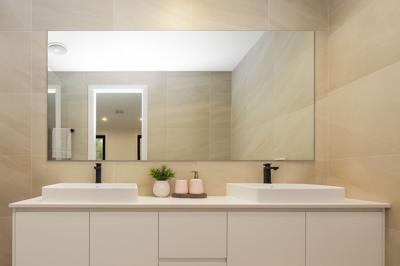 A large frameless bathroom mirror